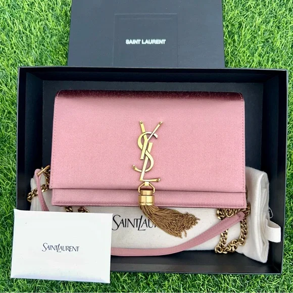 SAINT LAURENT KATE TASSEL CLUTCH ON CHAIN ROSE PINK SATIN GOLD HARDWARE NEW!